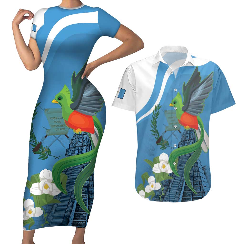 Guatemala Independence Day Couples Matching Short Sleeve Bodycon Dress and Hawaiian Shirt Guatemalan Quetzal Libre Crezca Fecundo - Wonder Print Shop