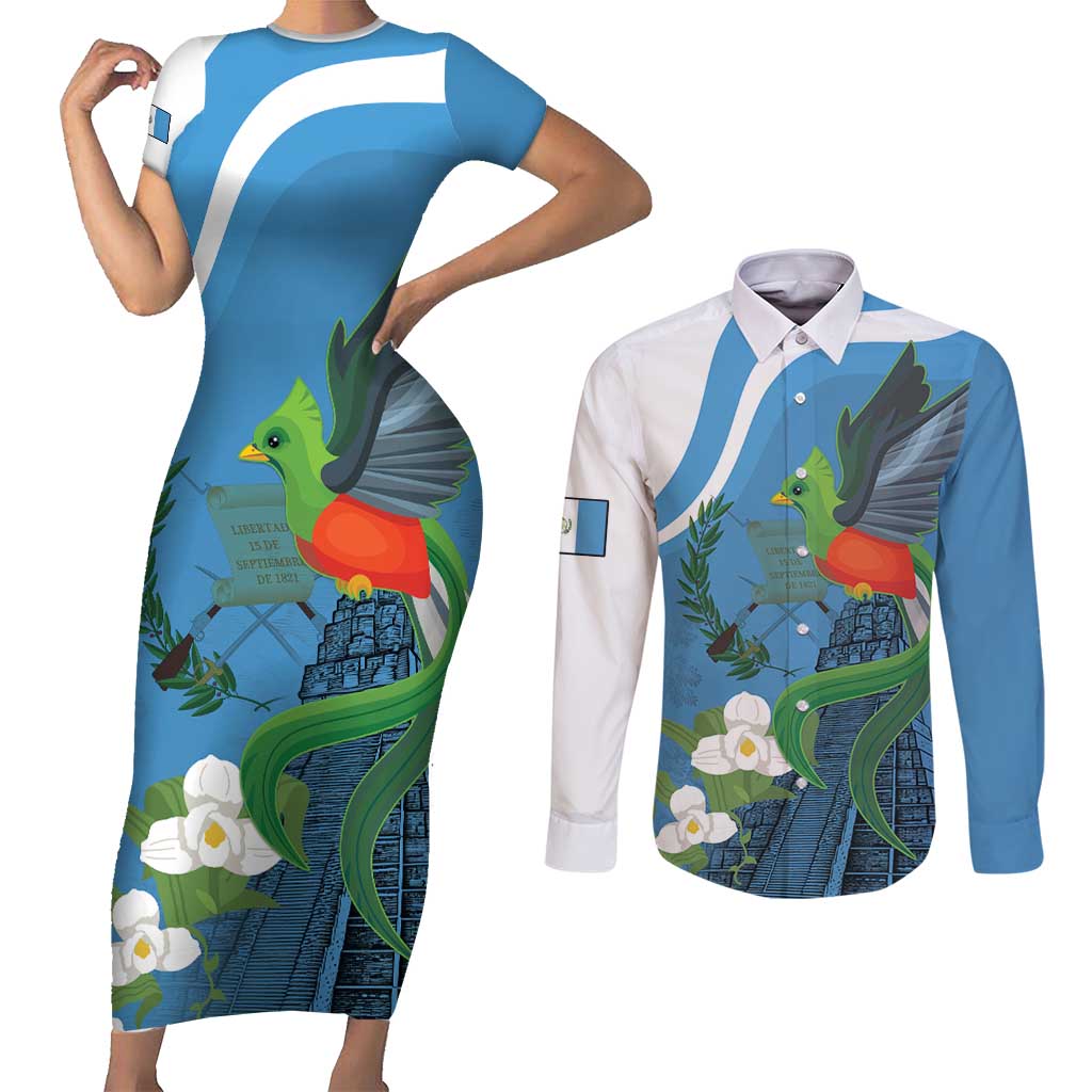 Guatemala Independence Day Couples Matching Short Sleeve Bodycon Dress and Long Sleeve Button Shirt Guatemalan Quetzal Libre Crezca Fecundo - Wonder Print Shop