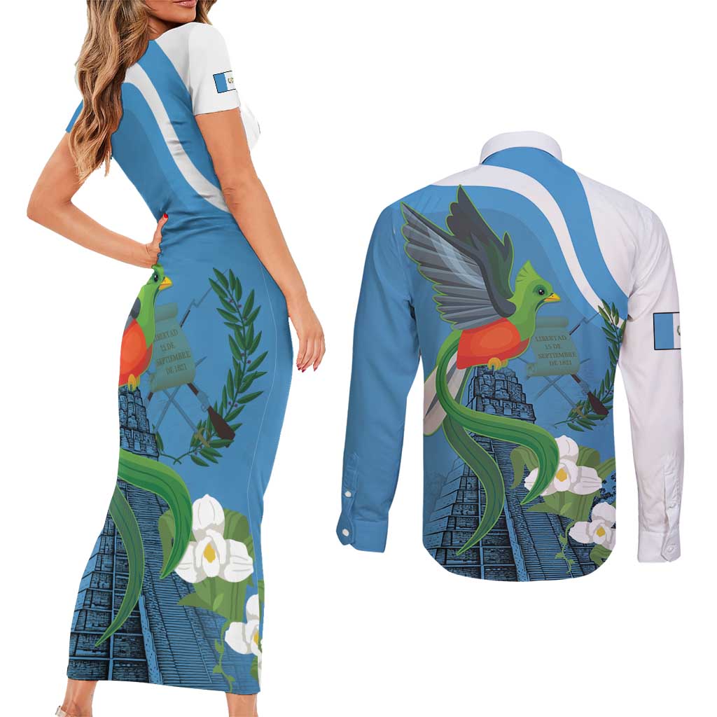 Guatemala Independence Day Couples Matching Short Sleeve Bodycon Dress and Long Sleeve Button Shirt Guatemalan Quetzal Libre Crezca Fecundo - Wonder Print Shop