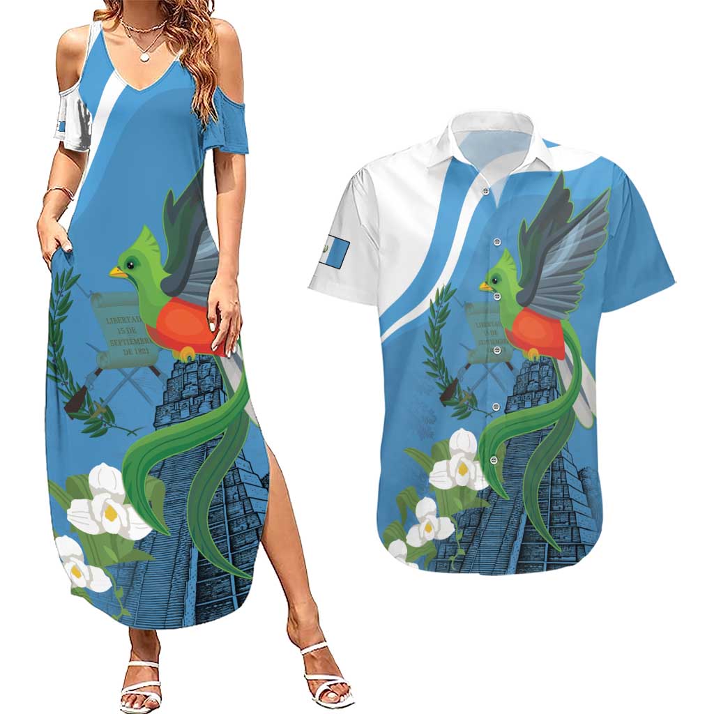 Guatemala Independence Day Couples Matching Summer Maxi Dress and Hawaiian Shirt Guatemalan Quetzal Libre Crezca Fecundo - Wonder Print Shop