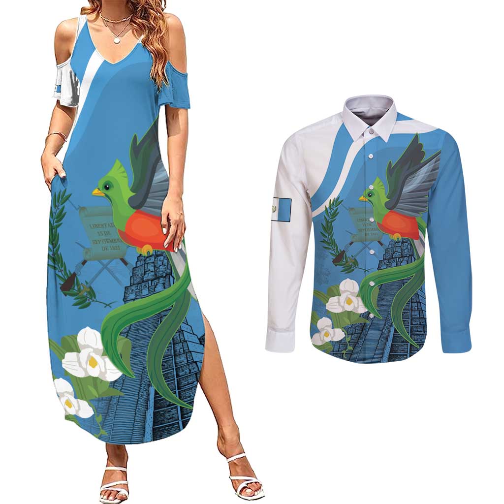Guatemala Independence Day Couples Matching Summer Maxi Dress and Long Sleeve Button Shirt Guatemalan Quetzal Libre Crezca Fecundo - Wonder Print Shop