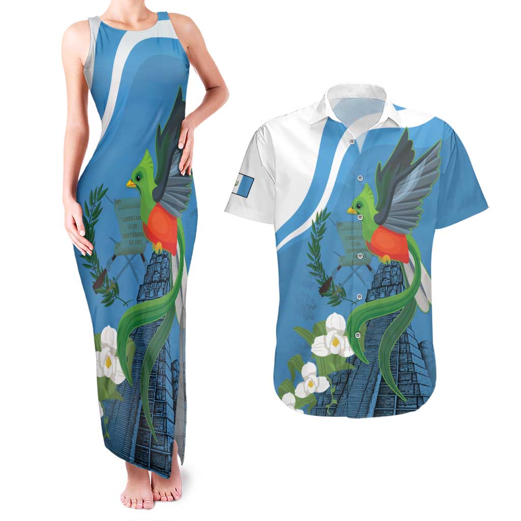 Guatemala Independence Day Couples Matching Tank Maxi Dress and Hawaiian Shirt Guatemalan Quetzal Libre Crezca Fecundo - Wonder Print Shop