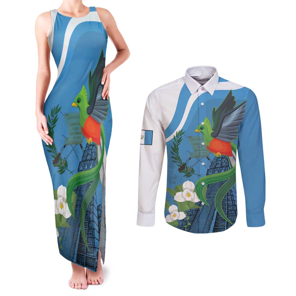 Guatemala Independence Day Couples Matching Tank Maxi Dress and Long Sleeve Button Shirt Guatemalan Quetzal Libre Crezca Fecundo - Wonder Print Shop