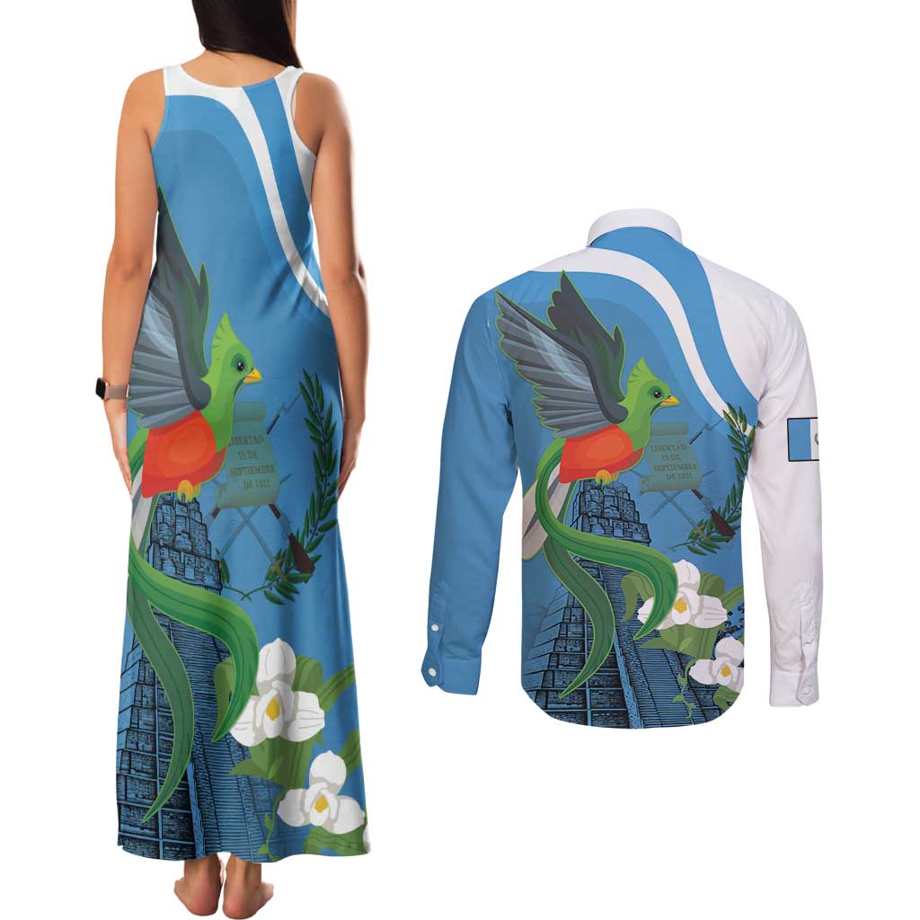 Guatemala Independence Day Couples Matching Tank Maxi Dress and Long Sleeve Button Shirt Guatemalan Quetzal Libre Crezca Fecundo - Wonder Print Shop