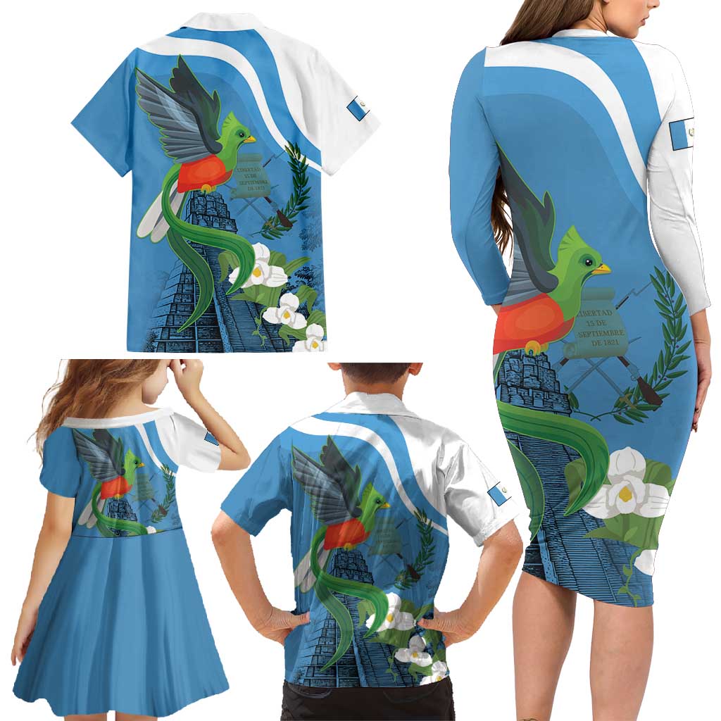 Guatemala Independence Day Family Matching Long Sleeve Bodycon Dress and Hawaiian Shirt Guatemalan Quetzal Libre Crezca Fecundo - Wonder Print Shop