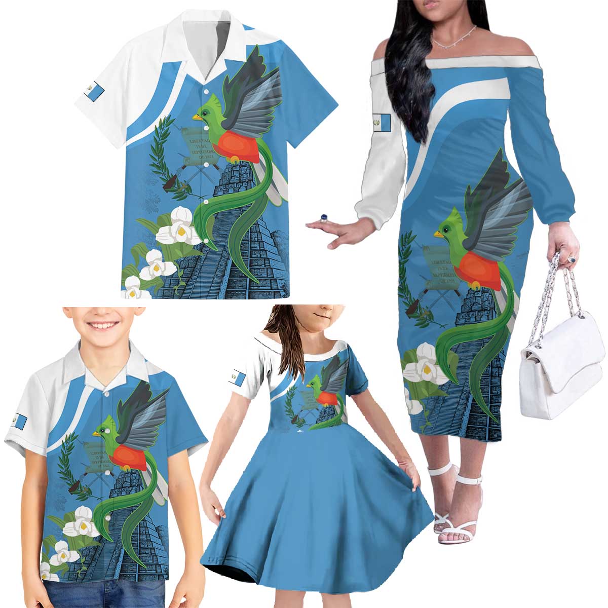 Guatemala Independence Day Family Matching Off The Shoulder Long Sleeve Dress and Hawaiian Shirt Guatemalan Quetzal Libre Crezca Fecundo - Wonder Print Shop