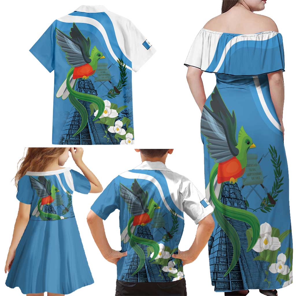 Guatemala Independence Day Family Matching Off Shoulder Maxi Dress and Hawaiian Shirt Guatemalan Quetzal Libre Crezca Fecundo - Wonder Print Shop