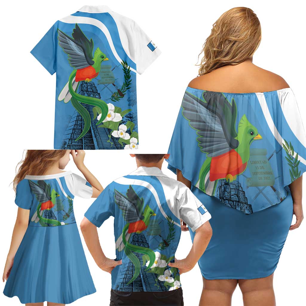 Guatemala Independence Day Family Matching Off Shoulder Short Dress and Hawaiian Shirt Guatemalan Quetzal Libre Crezca Fecundo - Wonder Print Shop