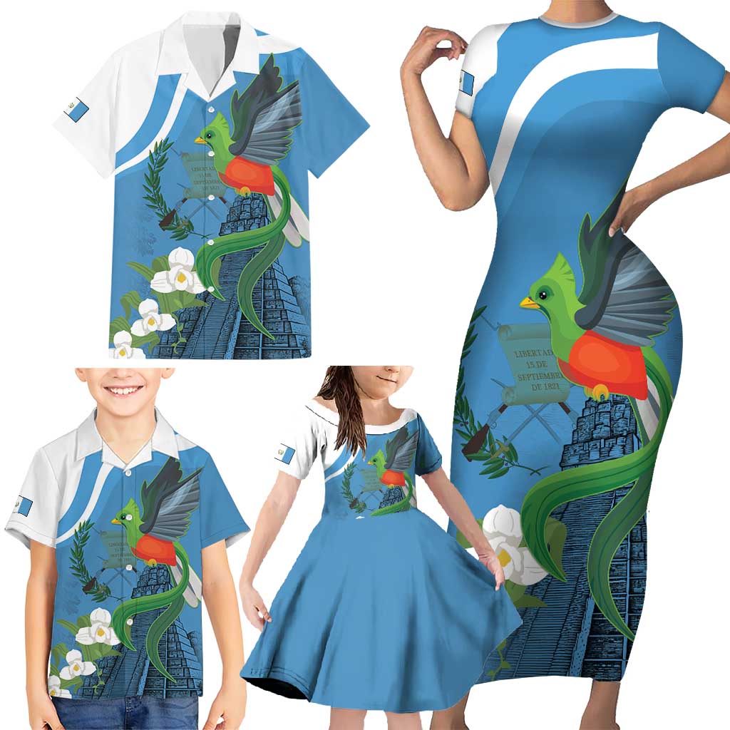 Guatemala Independence Day Family Matching Short Sleeve Bodycon Dress and Hawaiian Shirt Guatemalan Quetzal Libre Crezca Fecundo - Wonder Print Shop