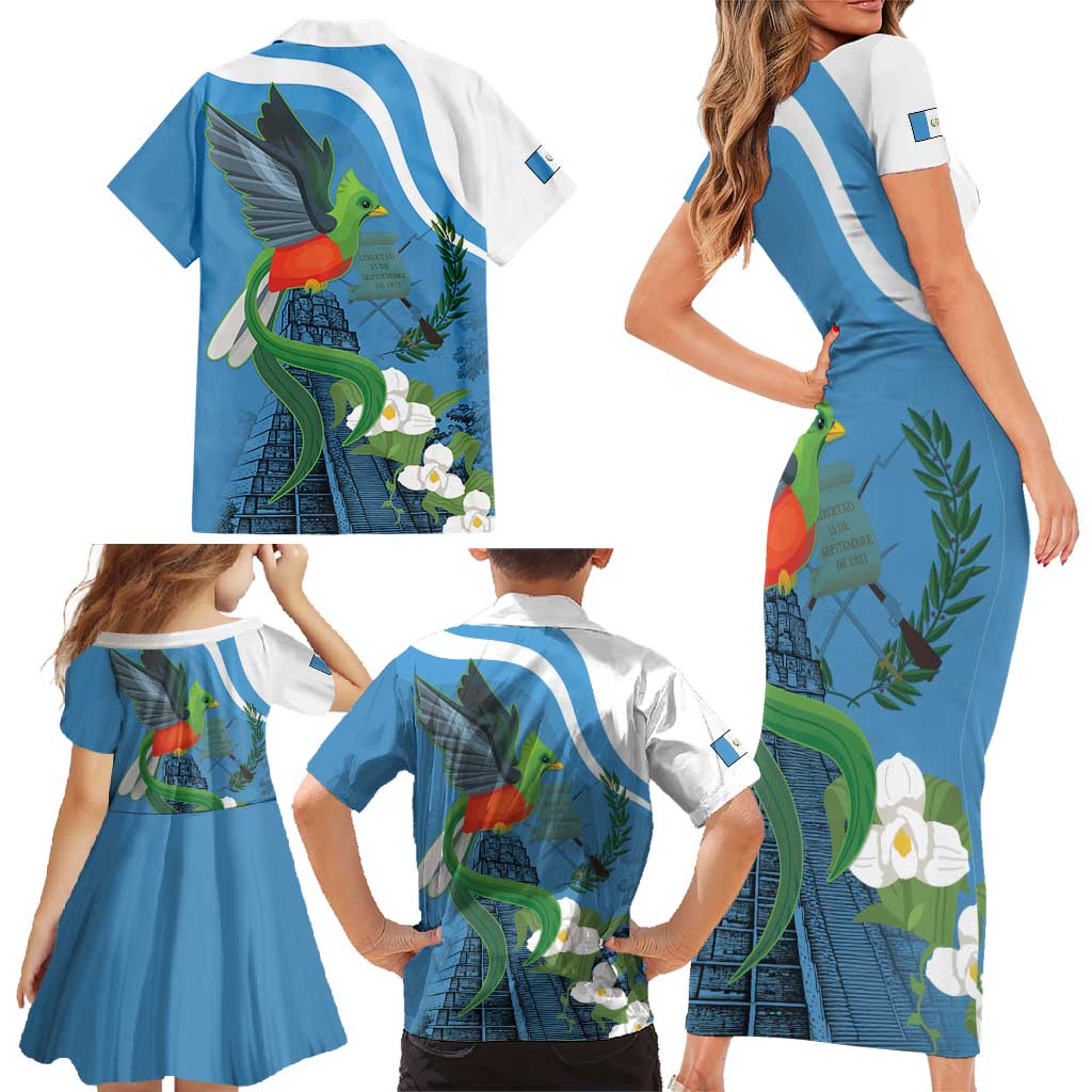 Guatemala Independence Day Family Matching Short Sleeve Bodycon Dress and Hawaiian Shirt Guatemalan Quetzal Libre Crezca Fecundo - Wonder Print Shop
