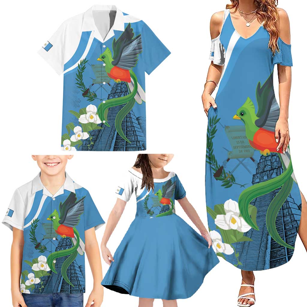 Guatemala Independence Day Family Matching Summer Maxi Dress and Hawaiian Shirt Guatemalan Quetzal Libre Crezca Fecundo - Wonder Print Shop