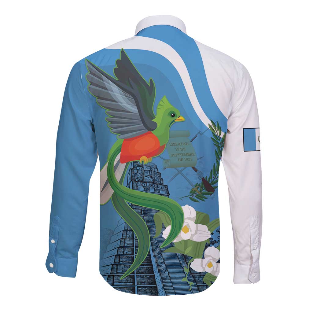 Guatemala Independence Day Long Sleeve Button Shirt Guatemalan Quetzal Libre Crezca Fecundo - Wonder Print Shop