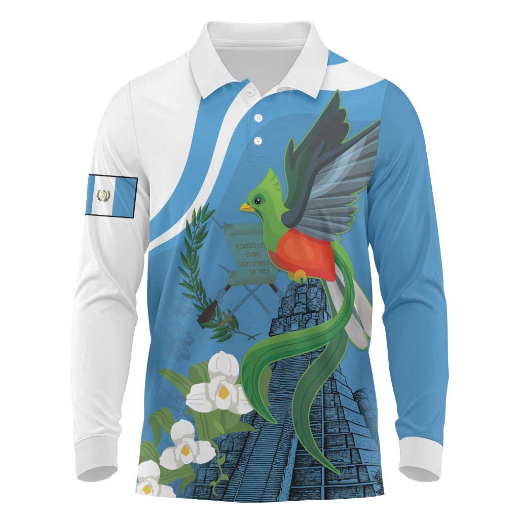 Guatemala Independence Day Long Sleeve Polo Shirt Guatemalan Quetzal Libre Crezca Fecundo - Wonder Print Shop