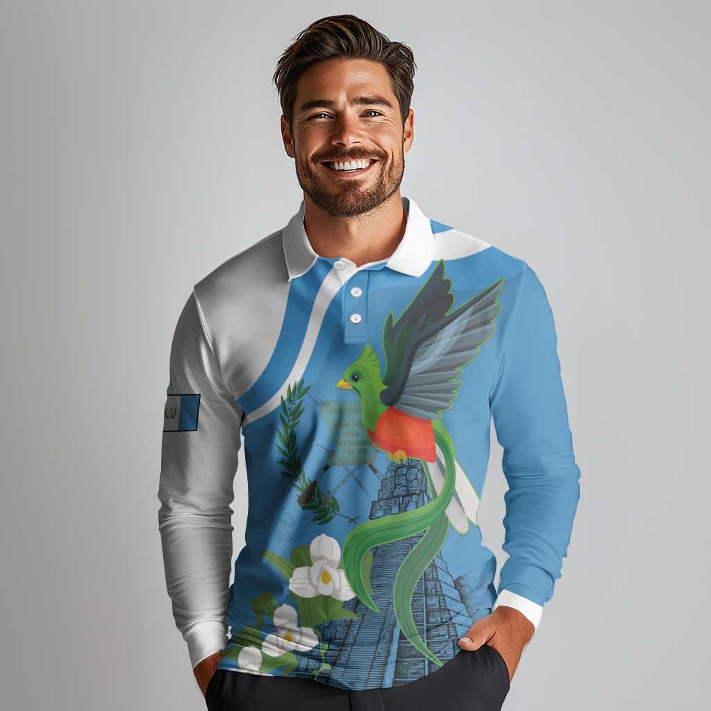 Guatemala Independence Day Long Sleeve Polo Shirt Guatemalan Quetzal Libre Crezca Fecundo - Wonder Print Shop