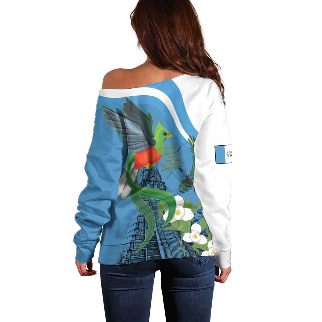 Guatemala Independence Day Off Shoulder Sweater Guatemalan Quetzal Libre Crezca Fecundo - Wonder Print Shop