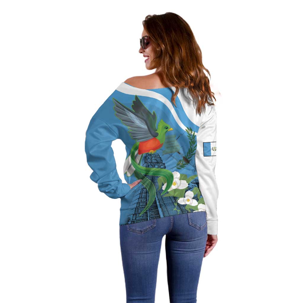 Guatemala Independence Day Off Shoulder Sweater Guatemalan Quetzal Libre Crezca Fecundo - Wonder Print Shop