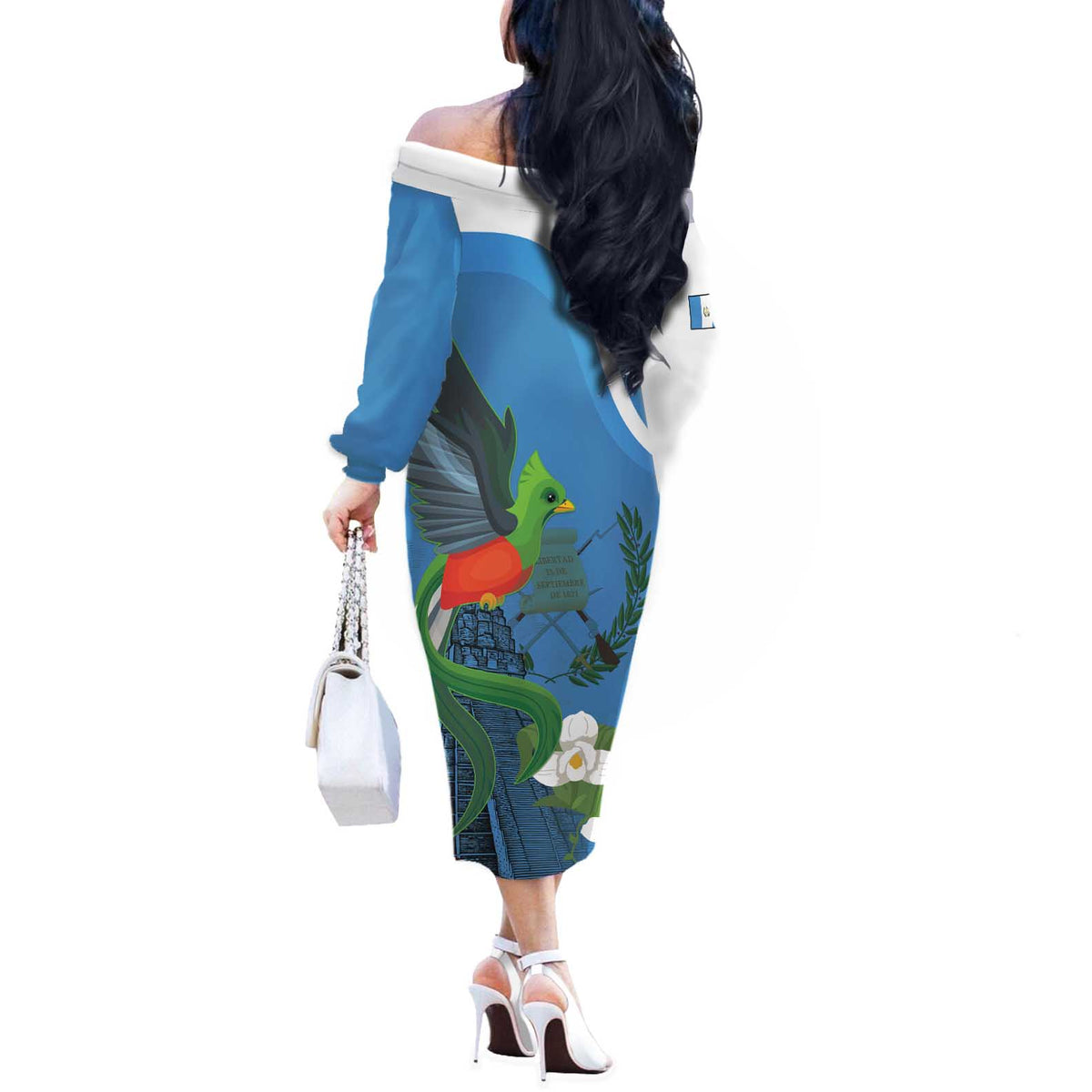 Guatemala Independence Day Off The Shoulder Long Sleeve Dress Guatemalan Quetzal Libre Crezca Fecundo - Wonder Print Shop
