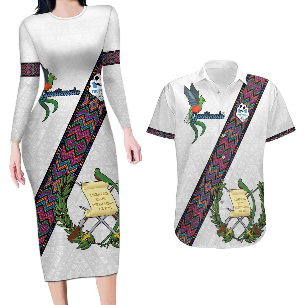 Custom Guatemala Football Couples Matching Long Sleeve Bodycon Dress and Hawaiian Shirt Los Chapines White Version - Wonder Print Shop