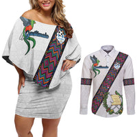 Custom Guatemala Football Couples Matching Off Shoulder Short Dress and Long Sleeve Button Shirt Los Chapines White Version - Wonder Print Shop