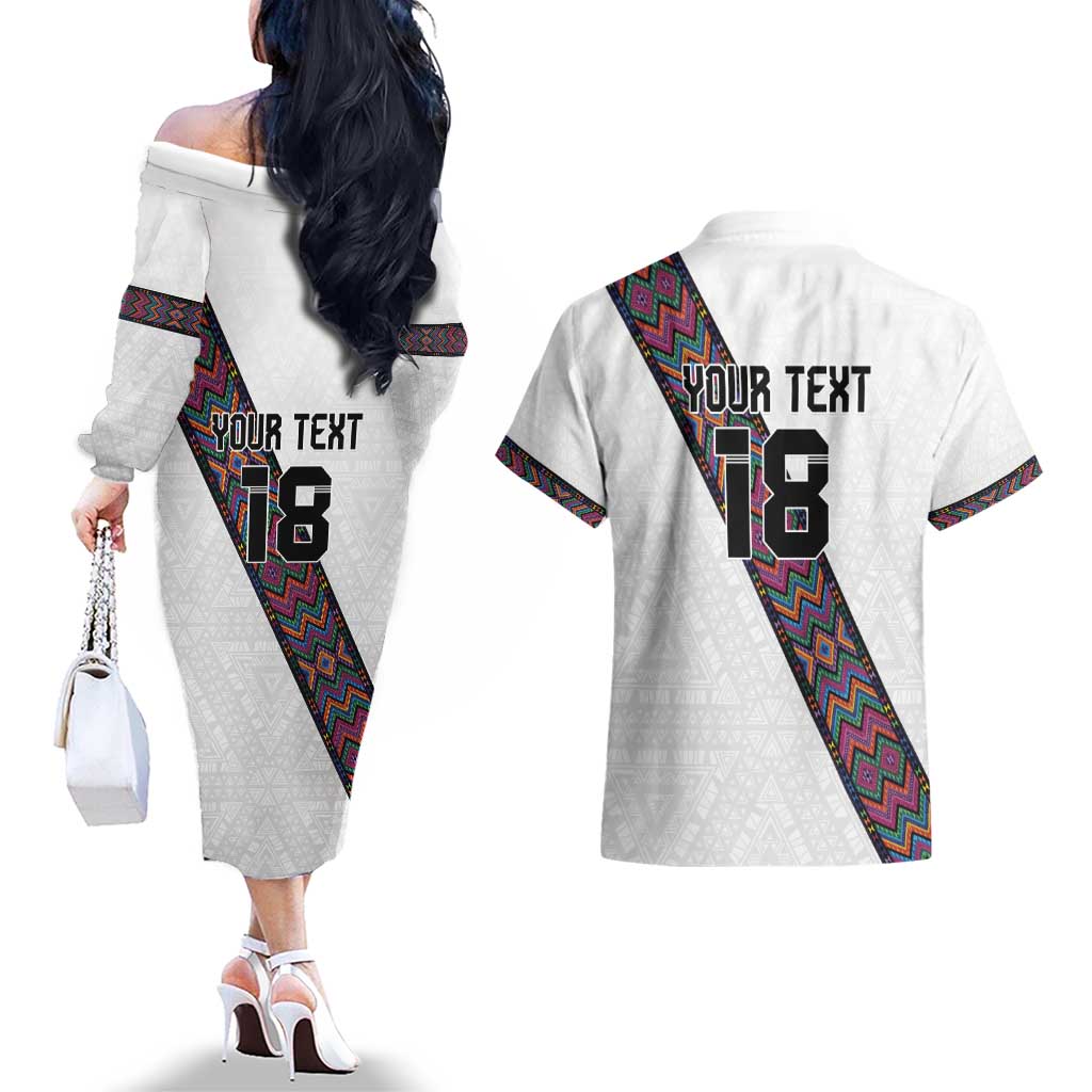 Custom Guatemala Football Couples Matching Off The Shoulder Long Sleeve Dress and Hawaiian Shirt Los Chapines White Version - Wonder Print Shop