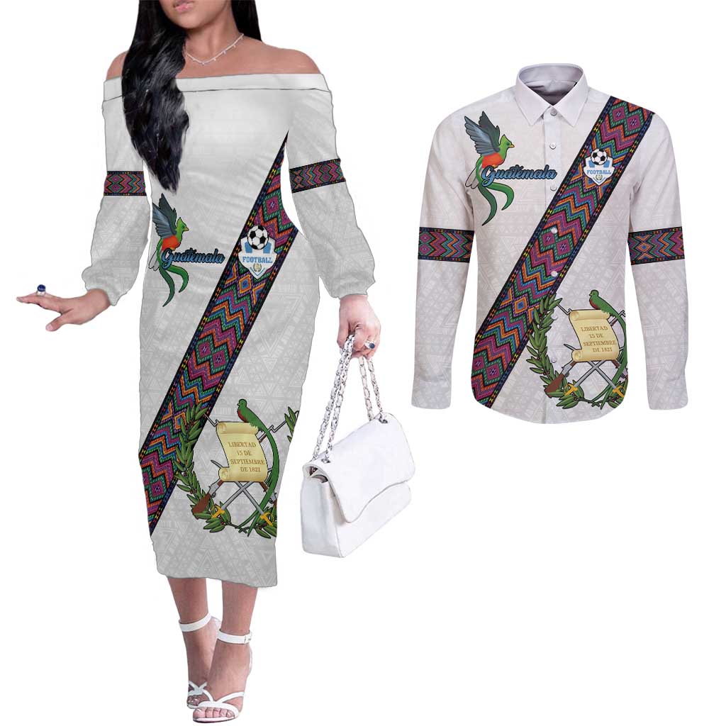 Custom Guatemala Football Couples Matching Off The Shoulder Long Sleeve Dress and Long Sleeve Button Shirt Los Chapines White Version - Wonder Print Shop