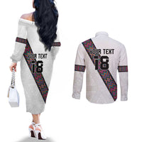 Custom Guatemala Football Couples Matching Off The Shoulder Long Sleeve Dress and Long Sleeve Button Shirt Los Chapines White Version - Wonder Print Shop