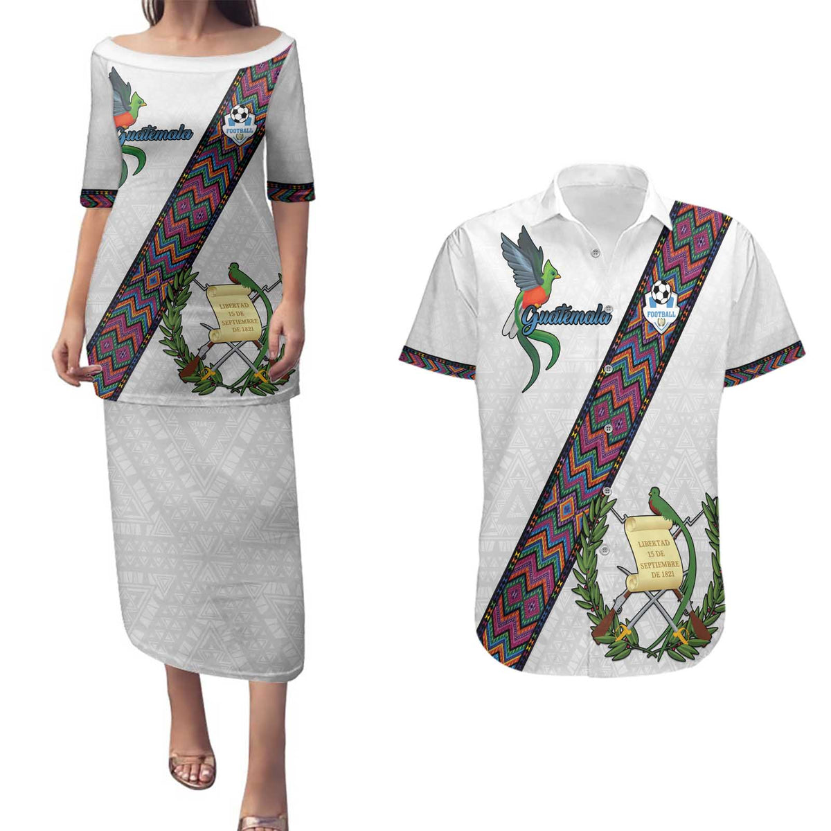 Custom Guatemala Football Couples Matching Puletasi and Hawaiian Shirt Los Chapines White Version - Wonder Print Shop