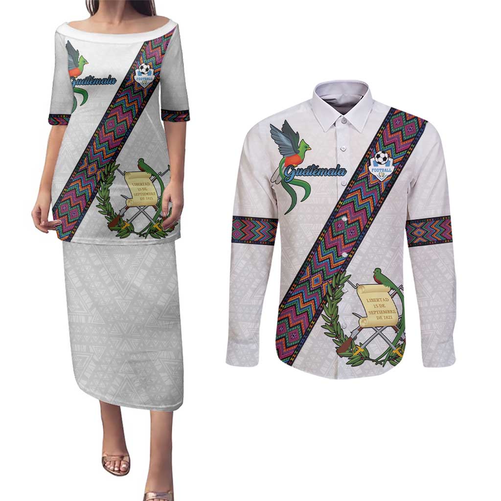 Custom Guatemala Football Couples Matching Puletasi and Long Sleeve Button Shirt Los Chapines White Version - Wonder Print Shop