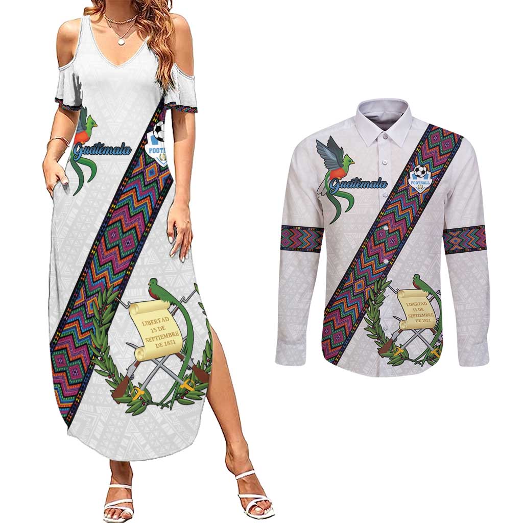 Custom Guatemala Football Couples Matching Summer Maxi Dress and Long Sleeve Button Shirt Los Chapines White Version - Wonder Print Shop