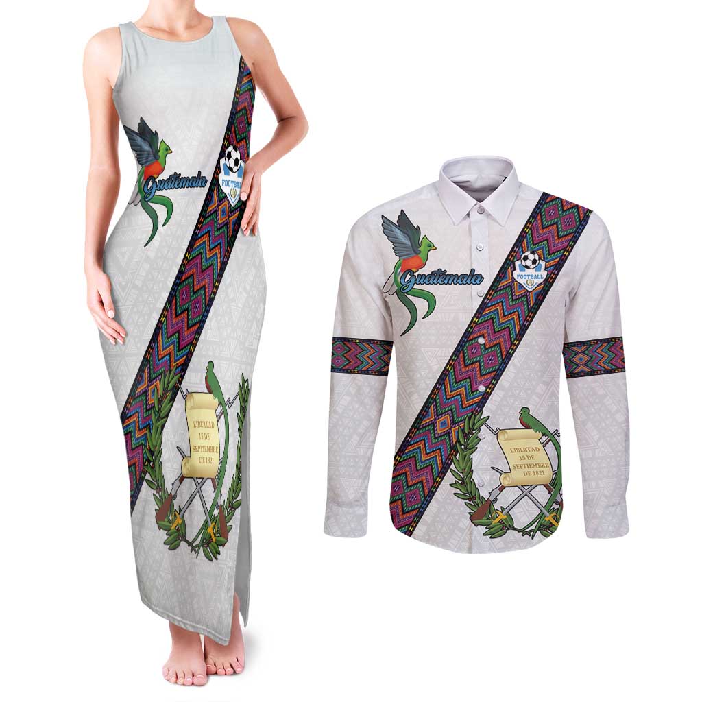Custom Guatemala Football Couples Matching Tank Maxi Dress and Long Sleeve Button Shirt Los Chapines White Version - Wonder Print Shop