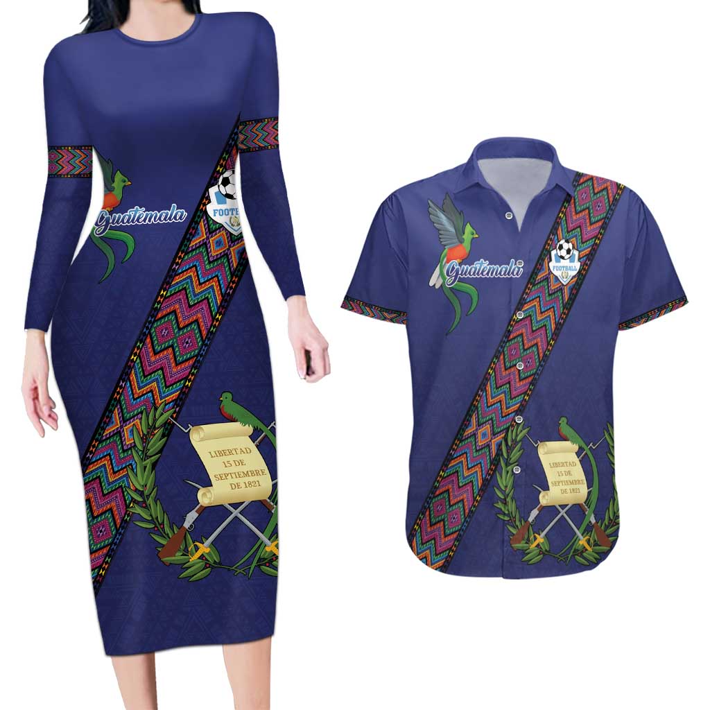 Custom Guatemala Football Couples Matching Long Sleeve Bodycon Dress and Hawaiian Shirt Los Chapines Blue Version - Wonder Print Shop