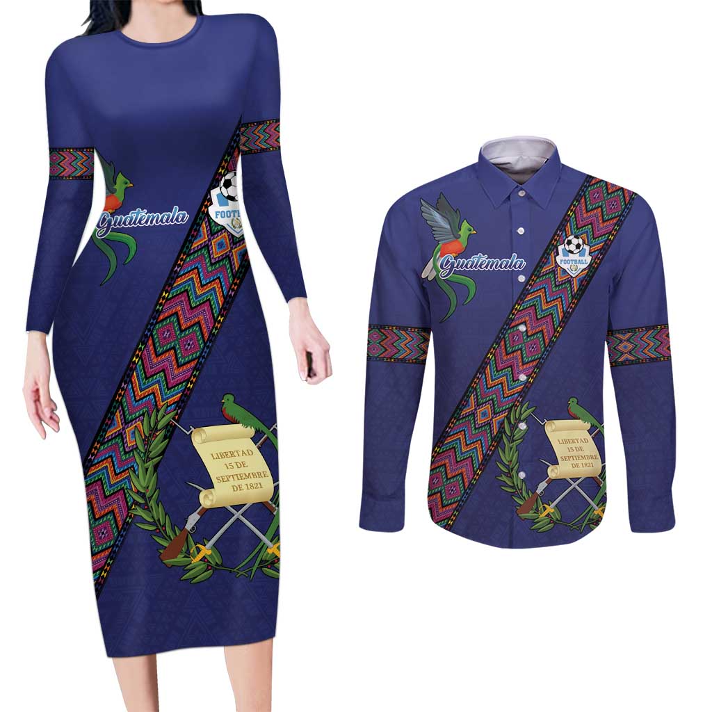 Custom Guatemala Football Couples Matching Long Sleeve Bodycon Dress and Long Sleeve Button Shirt Los Chapines Blue Version - Wonder Print Shop