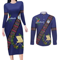 Custom Guatemala Football Couples Matching Long Sleeve Bodycon Dress and Long Sleeve Button Shirt Los Chapines Blue Version - Wonder Print Shop