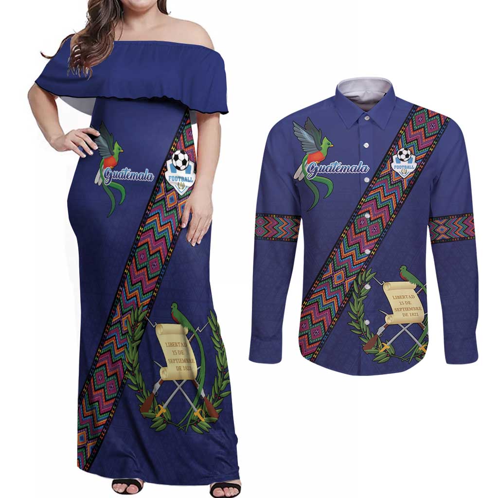Custom Guatemala Football Couples Matching Off Shoulder Maxi Dress and Long Sleeve Button Shirt Los Chapines Blue Version - Wonder Print Shop