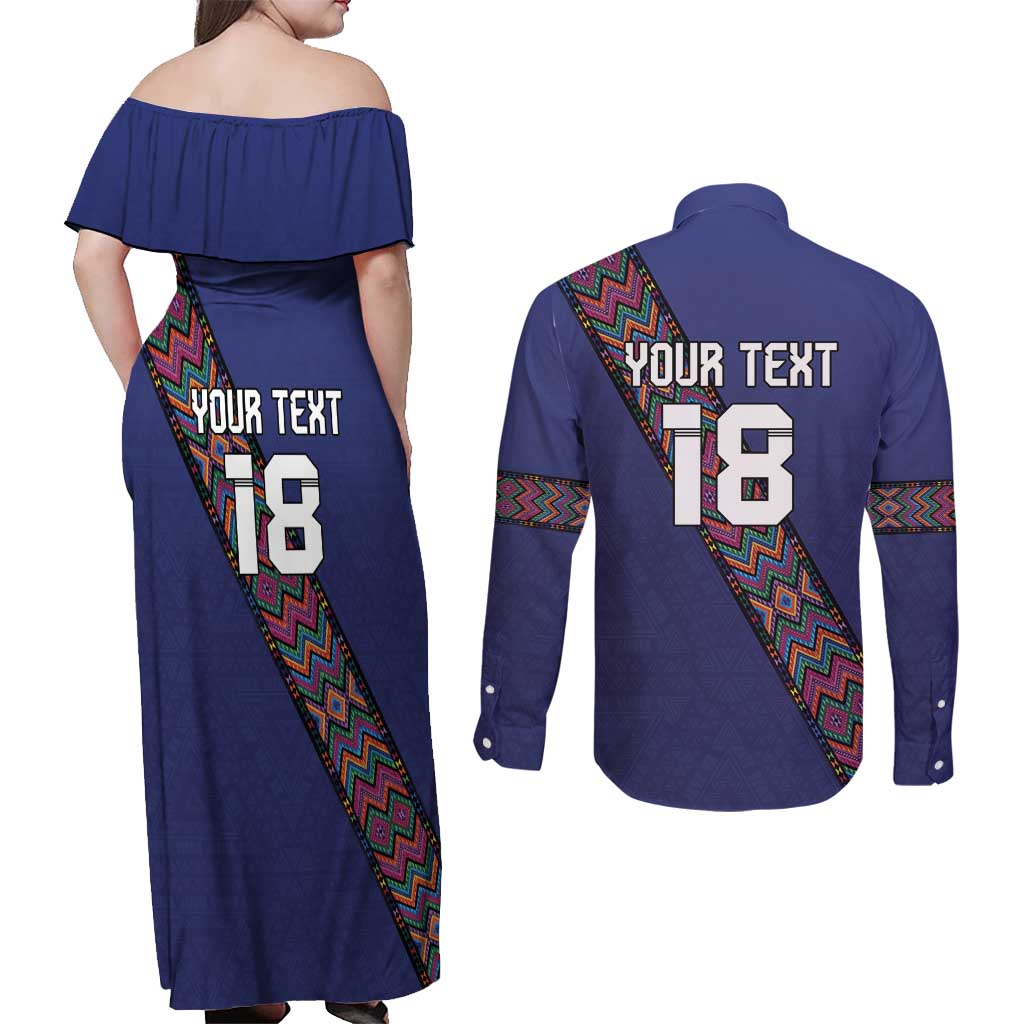 Custom Guatemala Football Couples Matching Off Shoulder Maxi Dress and Long Sleeve Button Shirt Los Chapines Blue Version - Wonder Print Shop
