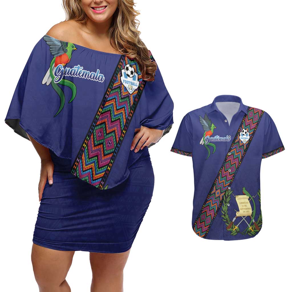 Custom Guatemala Football Couples Matching Off Shoulder Short Dress and Hawaiian Shirt Los Chapines Blue Version - Wonder Print Shop