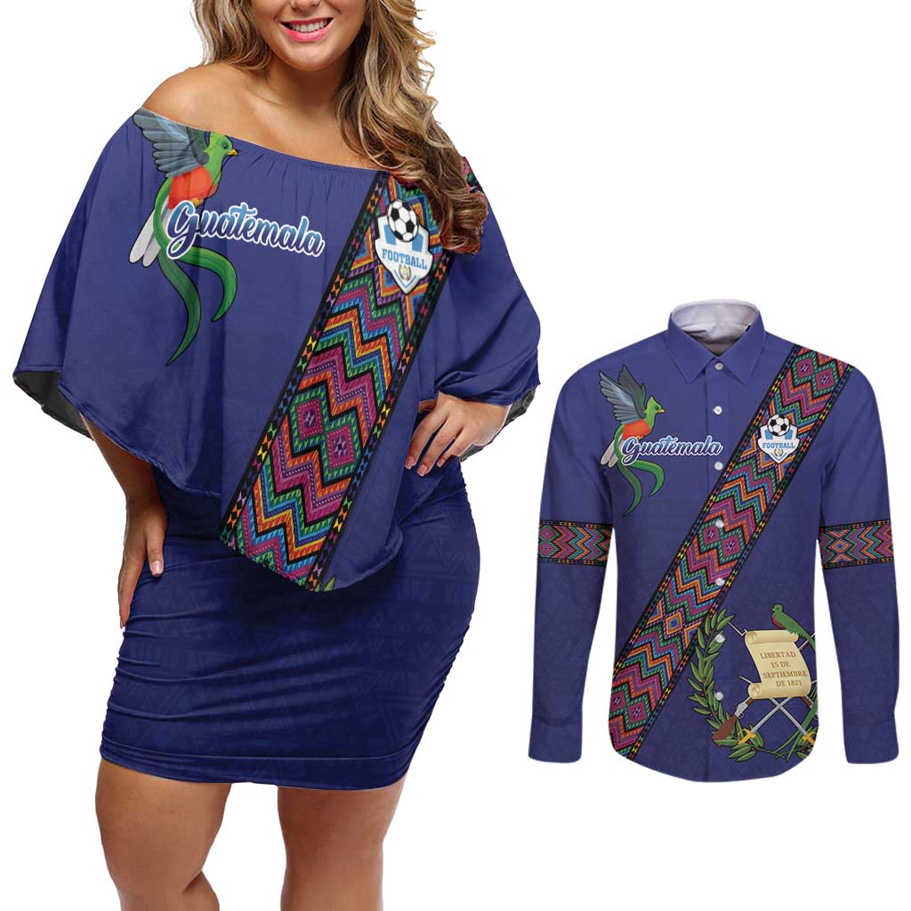 Custom Guatemala Football Couples Matching Off Shoulder Short Dress and Long Sleeve Button Shirt Los Chapines Blue Version - Wonder Print Shop