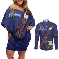 Custom Guatemala Football Couples Matching Off Shoulder Short Dress and Long Sleeve Button Shirt Los Chapines Blue Version - Wonder Print Shop