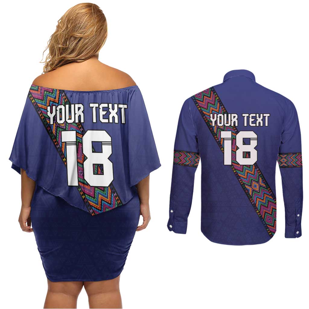 Custom Guatemala Football Couples Matching Off Shoulder Short Dress and Long Sleeve Button Shirt Los Chapines Blue Version - Wonder Print Shop