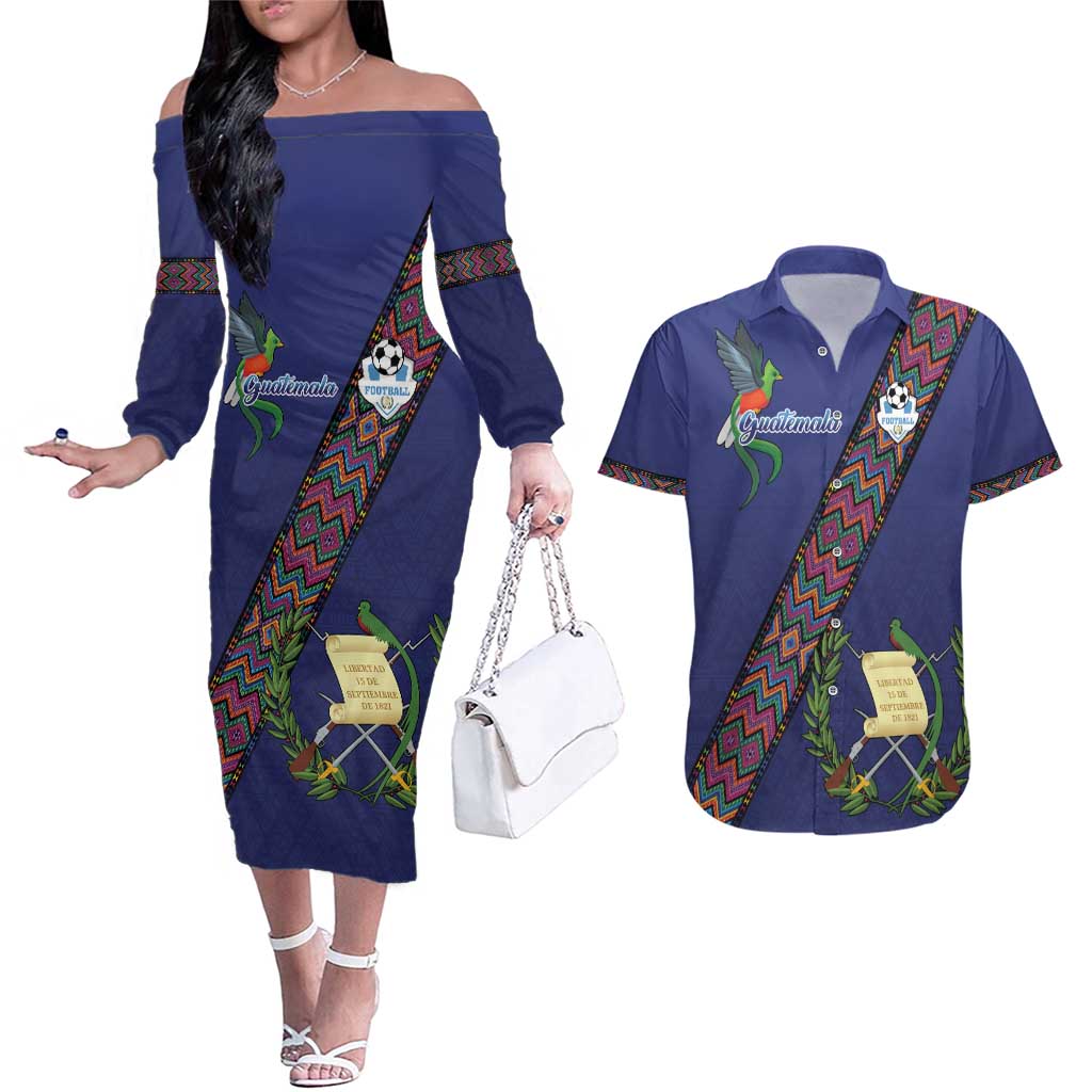 Custom Guatemala Football Couples Matching Off The Shoulder Long Sleeve Dress and Hawaiian Shirt Los Chapines Blue Version - Wonder Print Shop