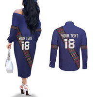 Custom Guatemala Football Couples Matching Off The Shoulder Long Sleeve Dress and Long Sleeve Button Shirt Los Chapines Blue Version - Wonder Print Shop