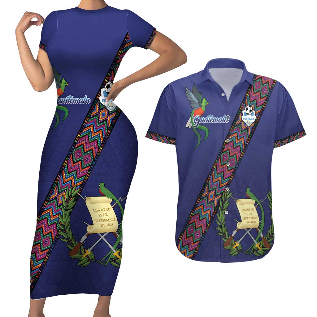Custom Guatemala Football Couples Matching Short Sleeve Bodycon Dress and Hawaiian Shirt Los Chapines Blue Version - Wonder Print Shop