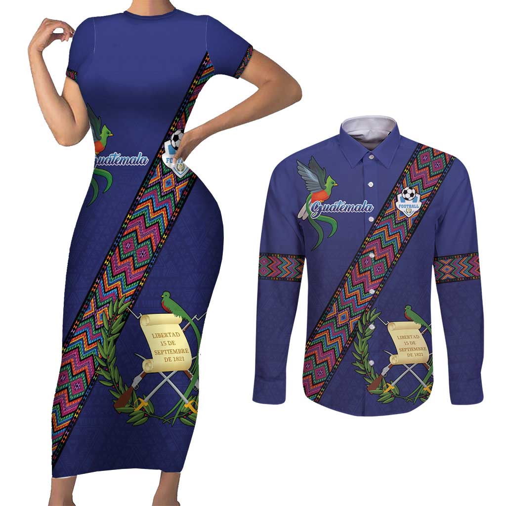 Custom Guatemala Football Couples Matching Short Sleeve Bodycon Dress and Long Sleeve Button Shirt Los Chapines Blue Version - Wonder Print Shop