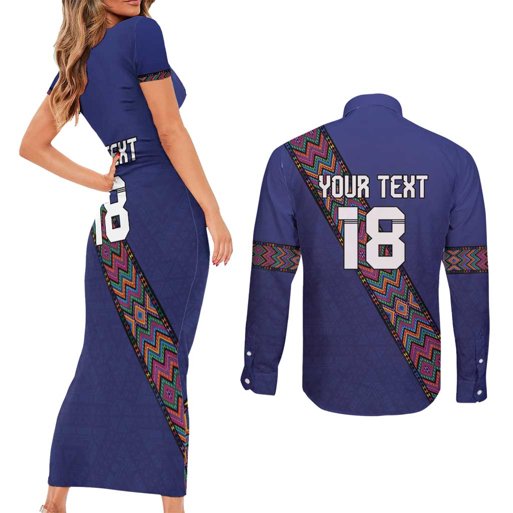 Custom Guatemala Football Couples Matching Short Sleeve Bodycon Dress and Long Sleeve Button Shirt Los Chapines Blue Version - Wonder Print Shop
