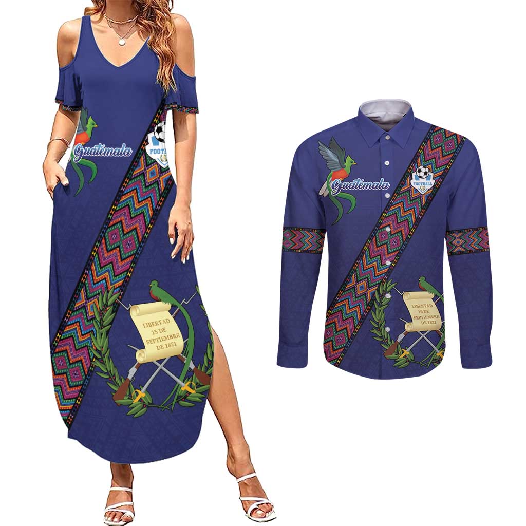 Custom Guatemala Football Couples Matching Summer Maxi Dress and Long Sleeve Button Shirt Los Chapines Blue Version - Wonder Print Shop