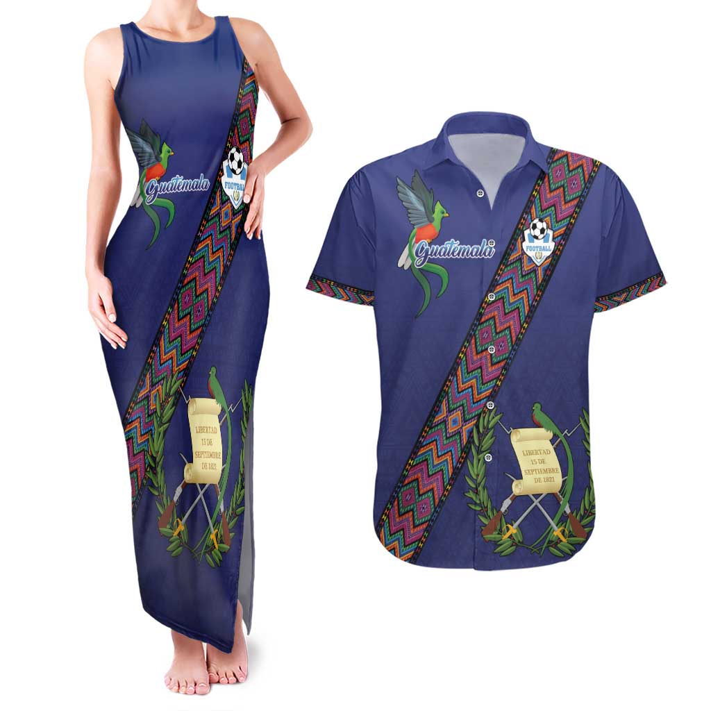 Custom Guatemala Football Couples Matching Tank Maxi Dress and Hawaiian Shirt Los Chapines Blue Version - Wonder Print Shop