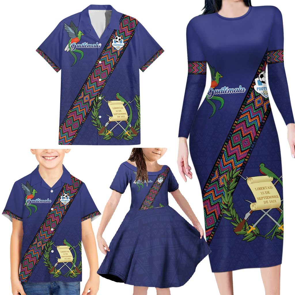 Custom Guatemala Football Family Matching Long Sleeve Bodycon Dress and Hawaiian Shirt Los Chapines Blue Version - Wonder Print Shop