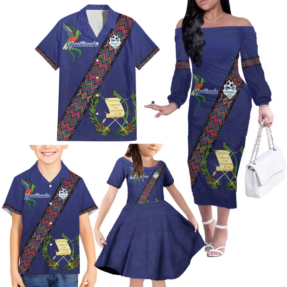 Custom Guatemala Football Family Matching Off The Shoulder Long Sleeve Dress and Hawaiian Shirt Los Chapines Blue Version - Wonder Print Shop