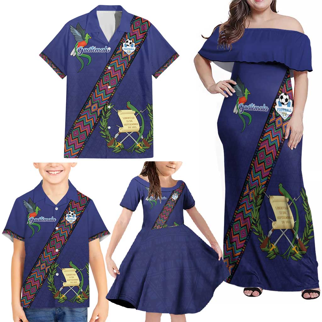 Custom Guatemala Football Family Matching Off Shoulder Maxi Dress and Hawaiian Shirt Los Chapines Blue Version - Wonder Print Shop