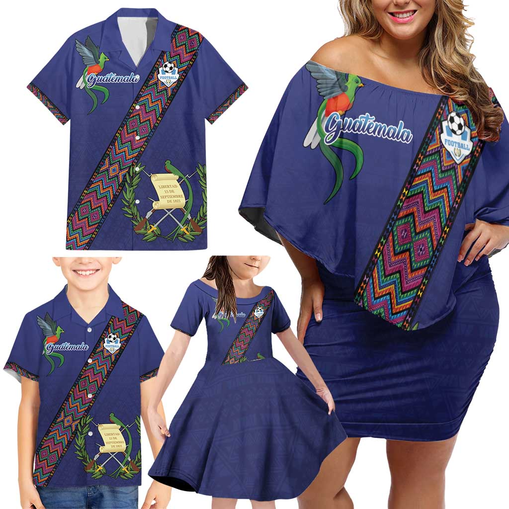 Custom Guatemala Football Family Matching Off Shoulder Short Dress and Hawaiian Shirt Los Chapines Blue Version - Wonder Print Shop